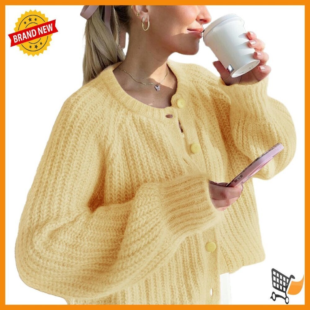 Cropped Chunky Knit Cardigan Button Front Long Sleeve Women's Sweater